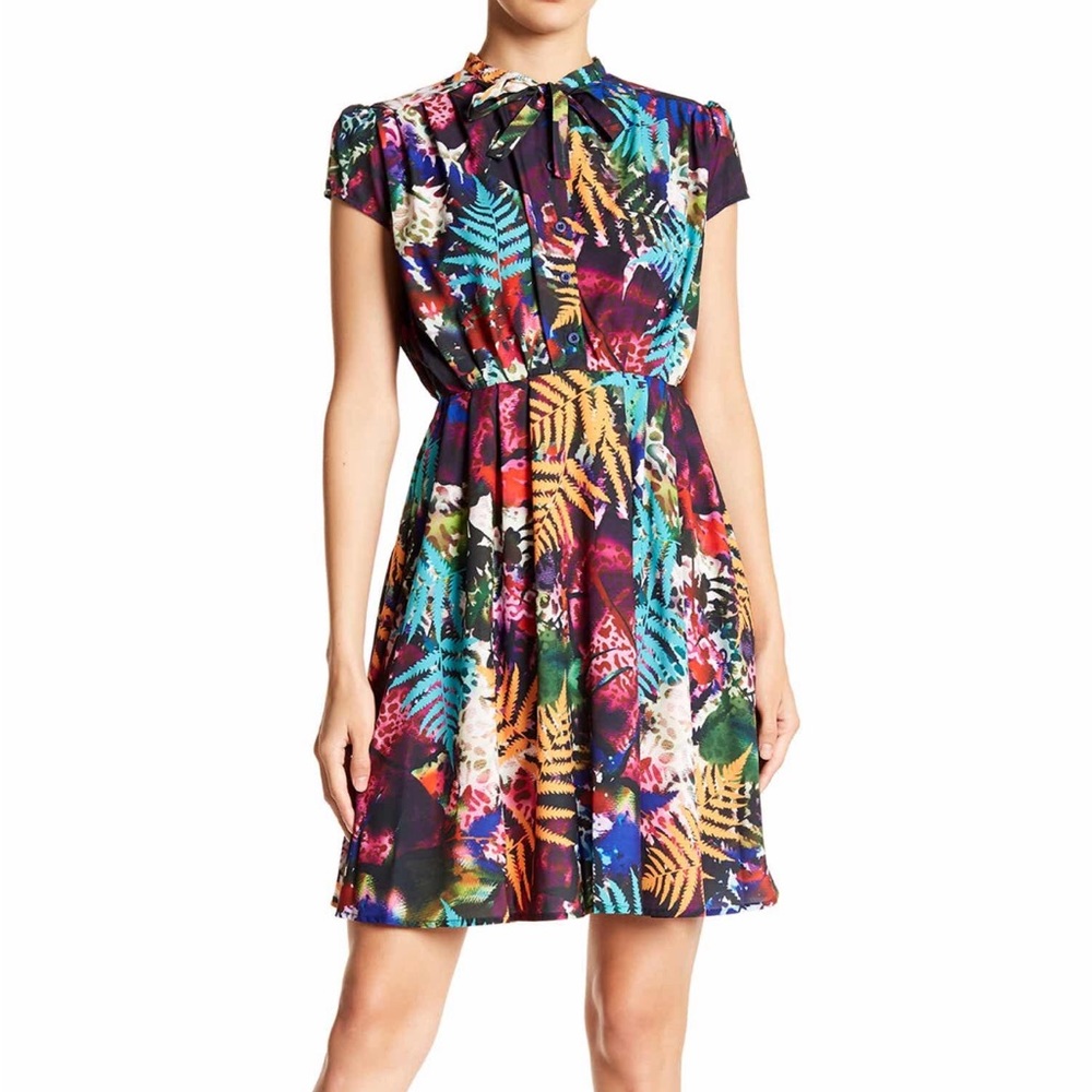 Amelia Tropical Print Tie Neck Dress XL